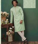 Men's self jacquard straight c green kurta set