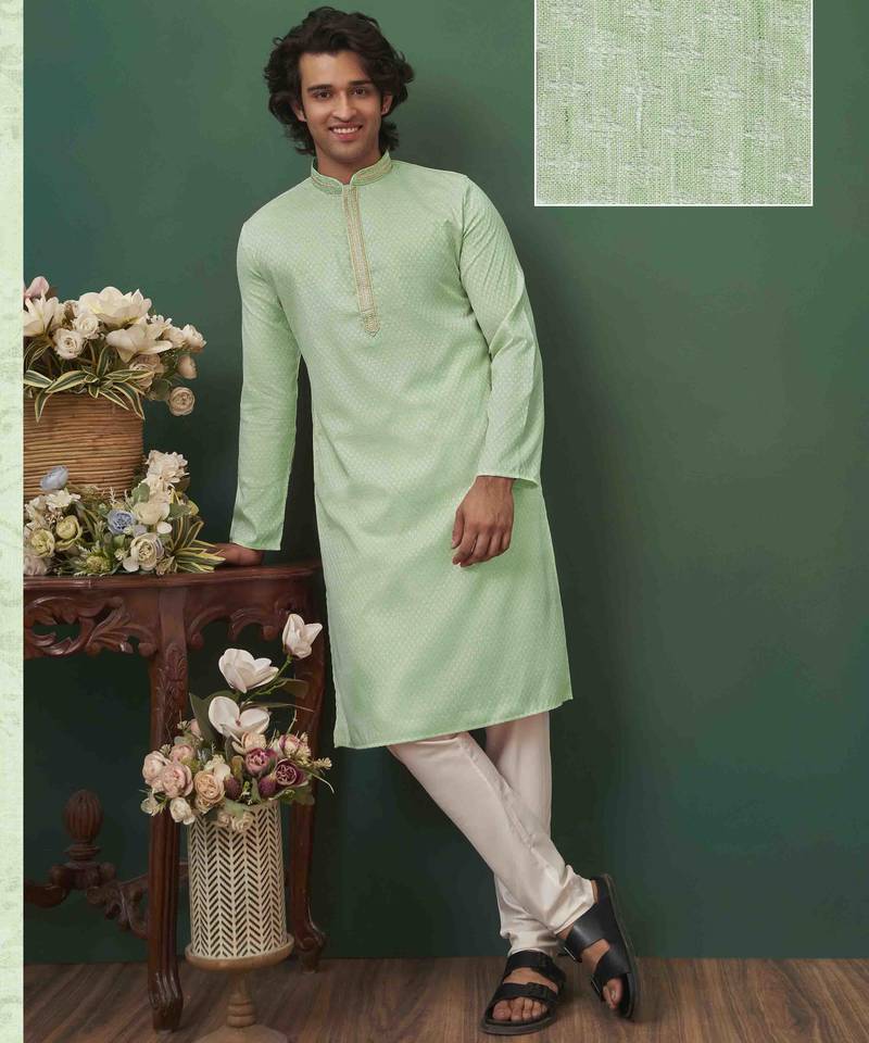 Men's self jacquard straight c green kurta set