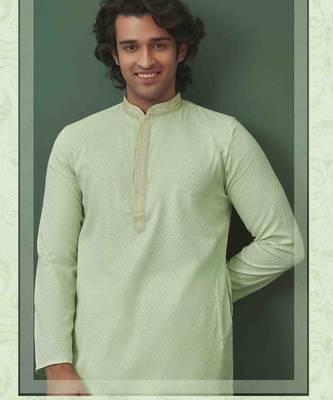 Men's self jacquard straight c green kurta set 2