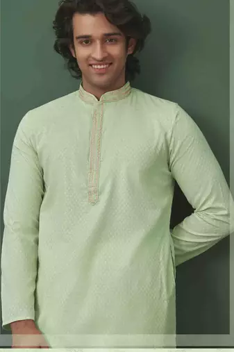 Men's self jacquard straight c green kurta set