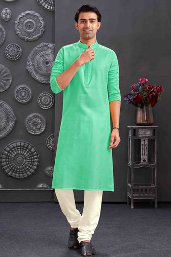 Men's poly cotton straight c green kurta set