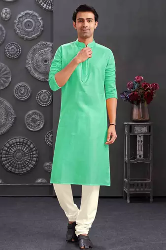 Men's poly cotton straight c green kurta set