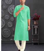 Men's poly cotton straight c green kurta set