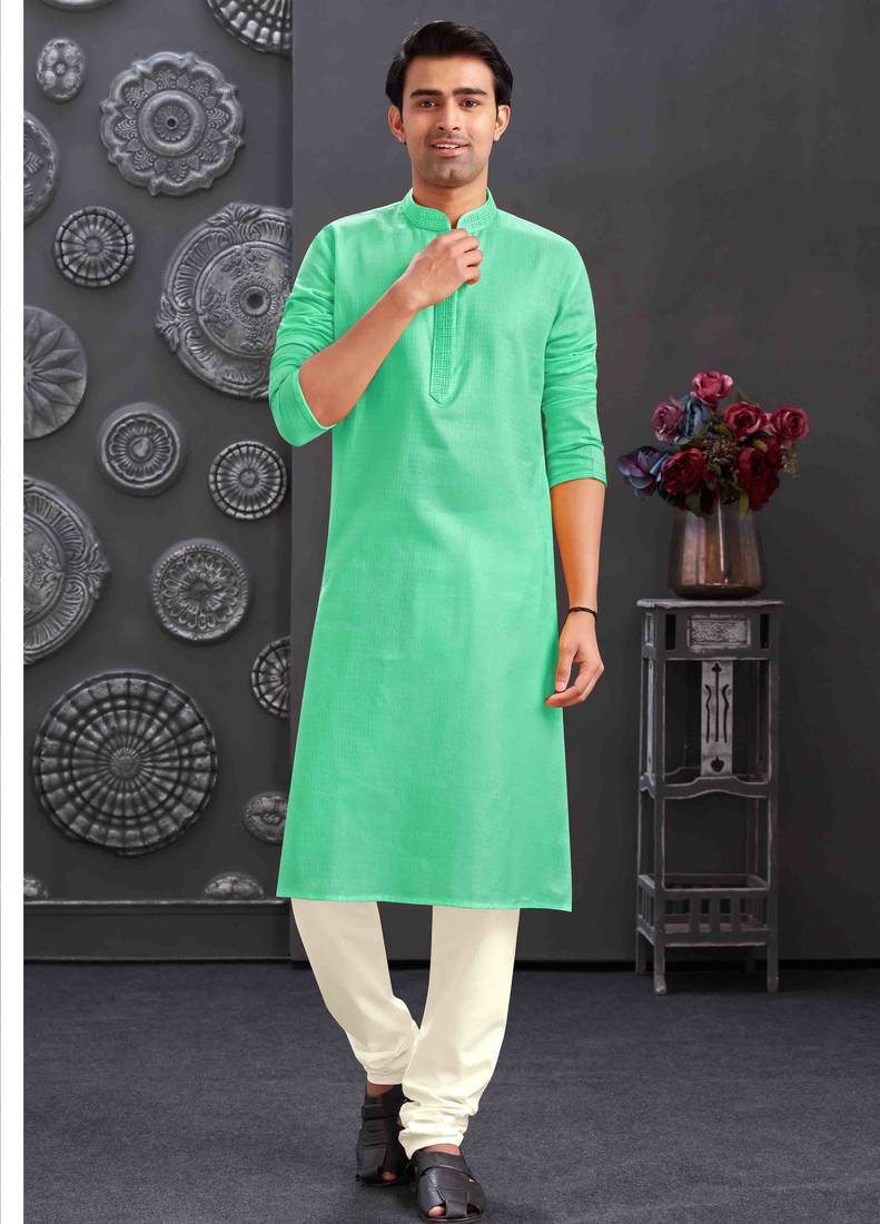 Men's poly cotton straight c green kurta set
