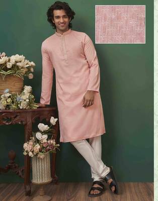 Men's self jacquard straight light pink kurta set 1