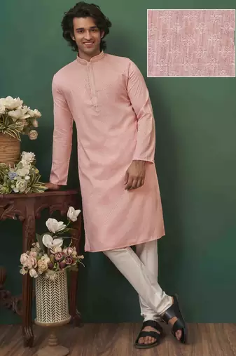 Men's self jacquard straight light pink kurta set