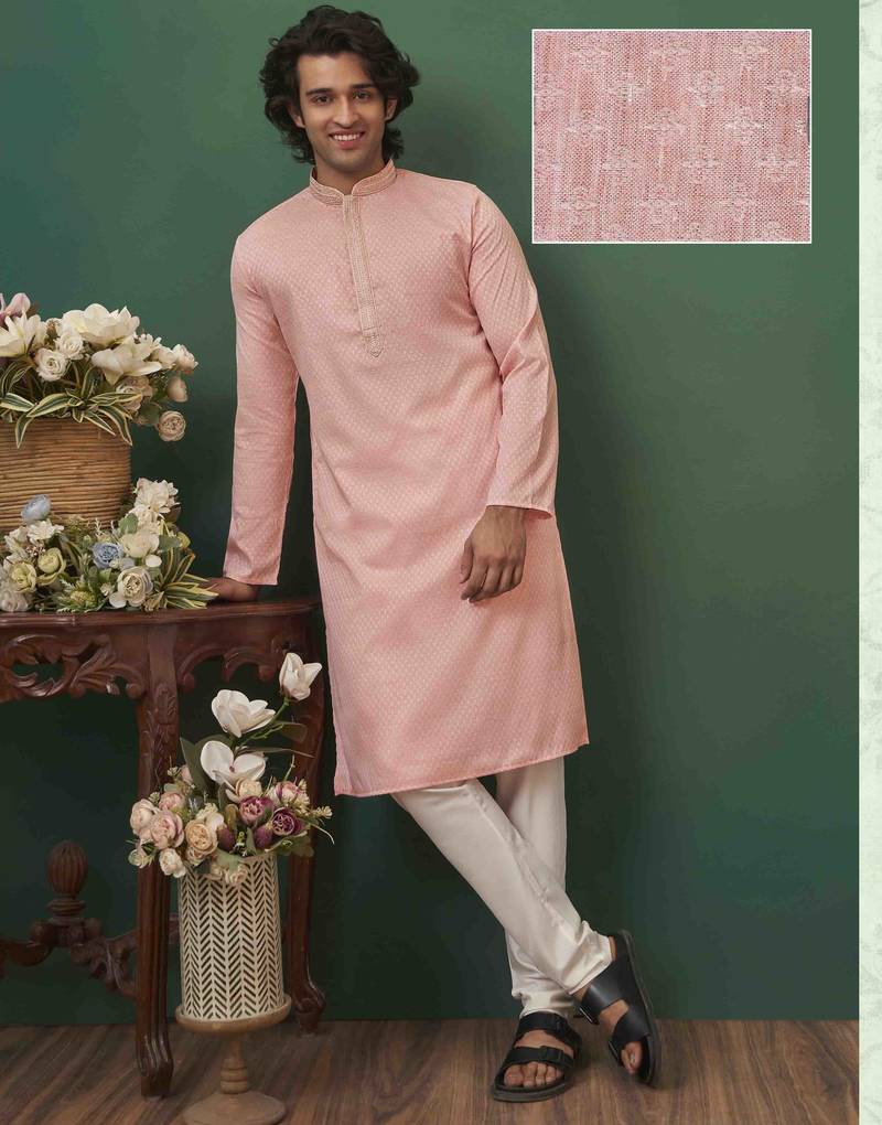 Men's self jacquard straight light pink kurta set