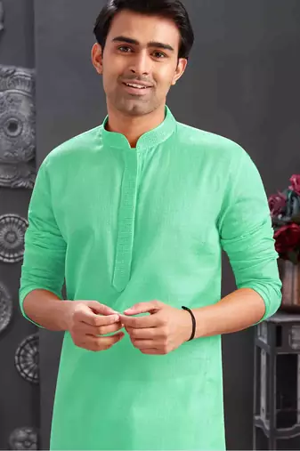 Men's poly cotton straight c green kurta set
