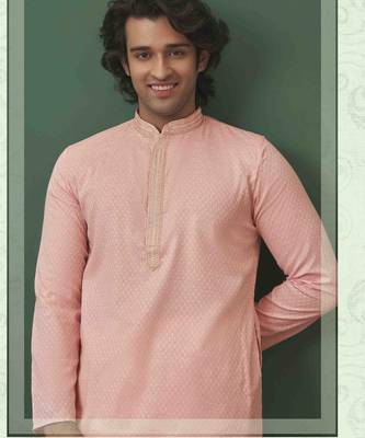 Men's self jacquard straight light pink kurta set 2
