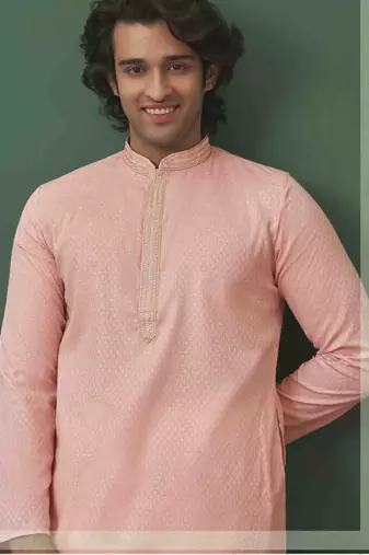 Men's self jacquard straight light pink kurta set
