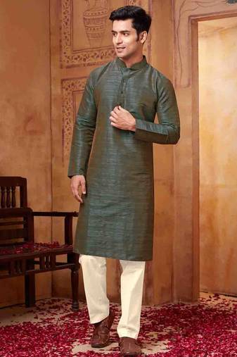 Men's poly  straight dark green kurta set