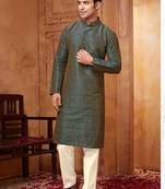 Men's poly  straight dark green kurta set