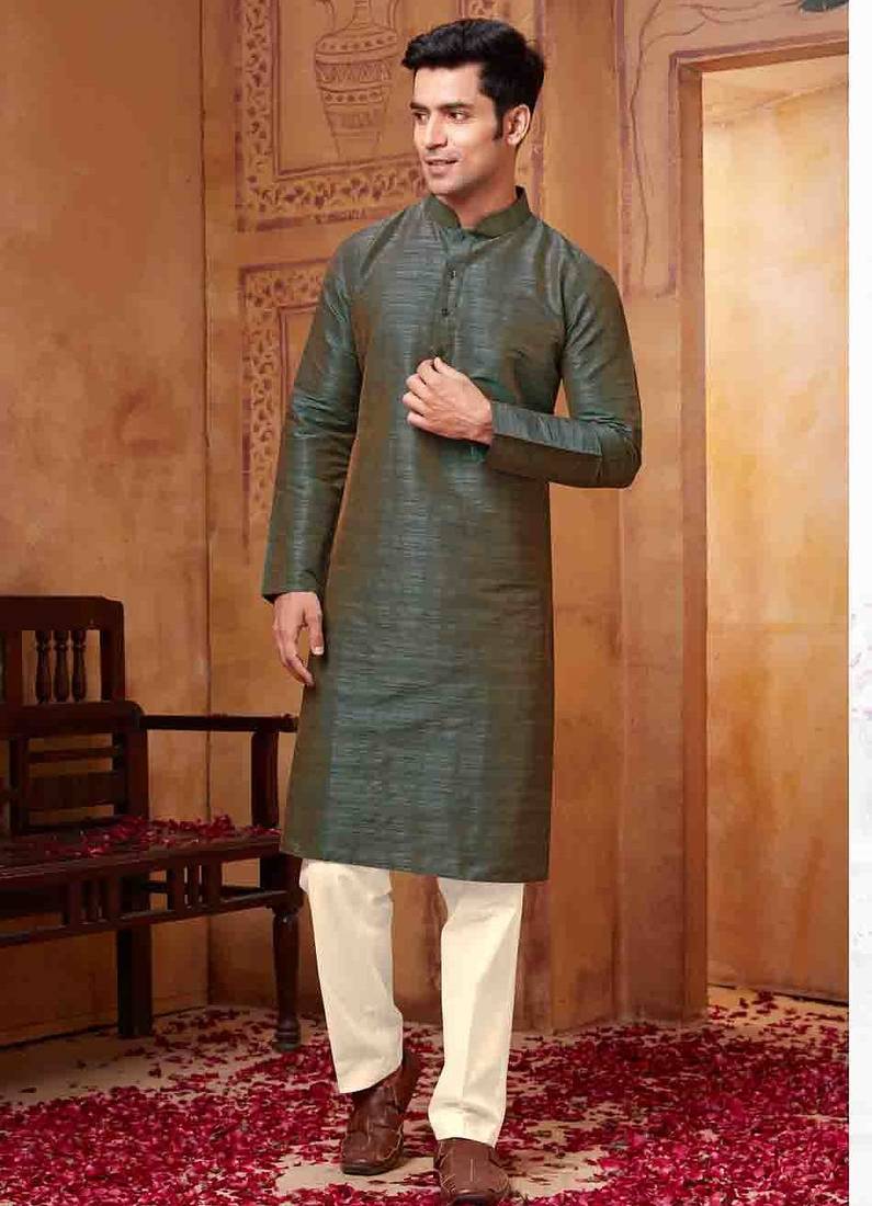 Men's poly  straight dark green kurta set