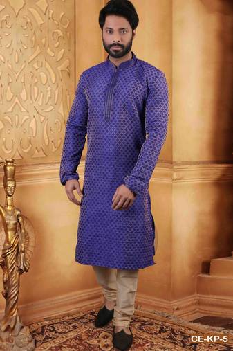 Men's poly jacquard straight purple kurta set