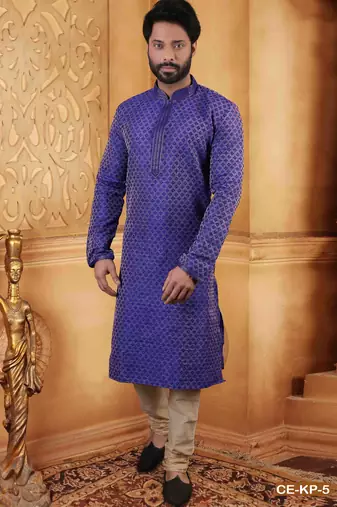 Men's poly jacquard straight purple kurta set