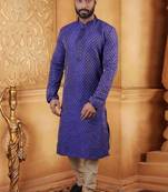 Men's poly jacquard straight purple kurta set