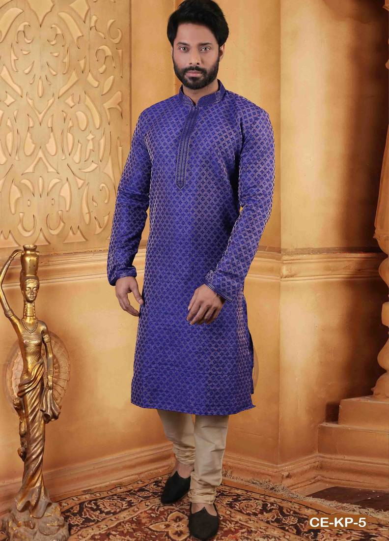 Men's poly jacquard straight purple kurta set