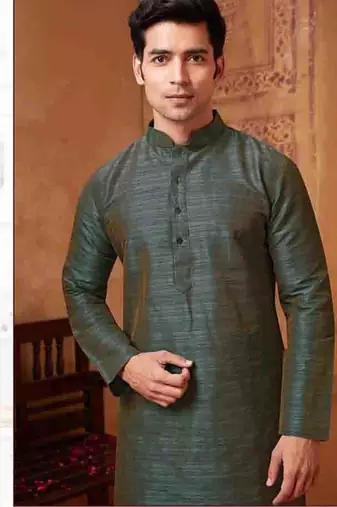 Men's poly  straight dark green kurta set