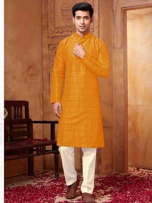Men's poly straight yellow kurta set 1