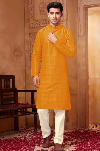Men's poly  straight yellow kurta set