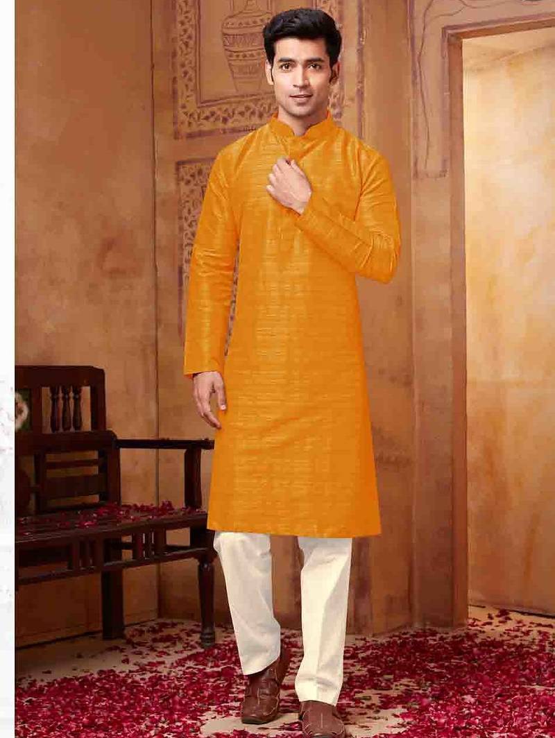 Men's poly  straight yellow kurta set