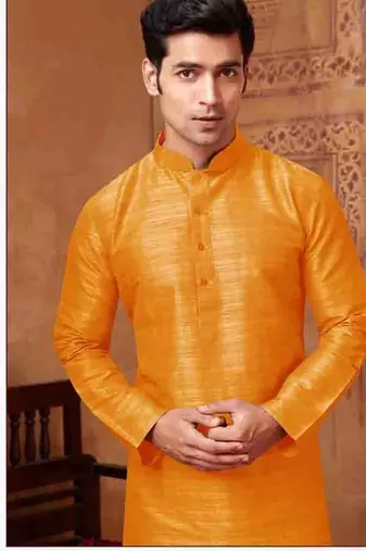 Men's poly  straight yellow kurta set