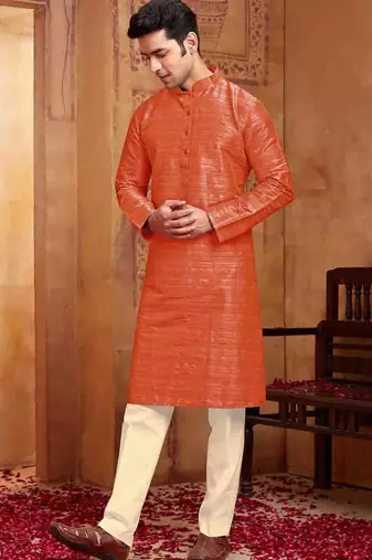 Men's poly  straight rust kurta set