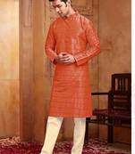 Men's poly  straight rust kurta set