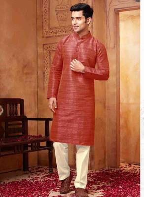 Men's poly straight red kurta set 1