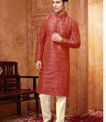 Men's poly  straight red kurta set