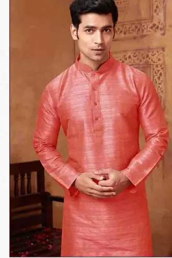 Men's poly  straight peach kurta set