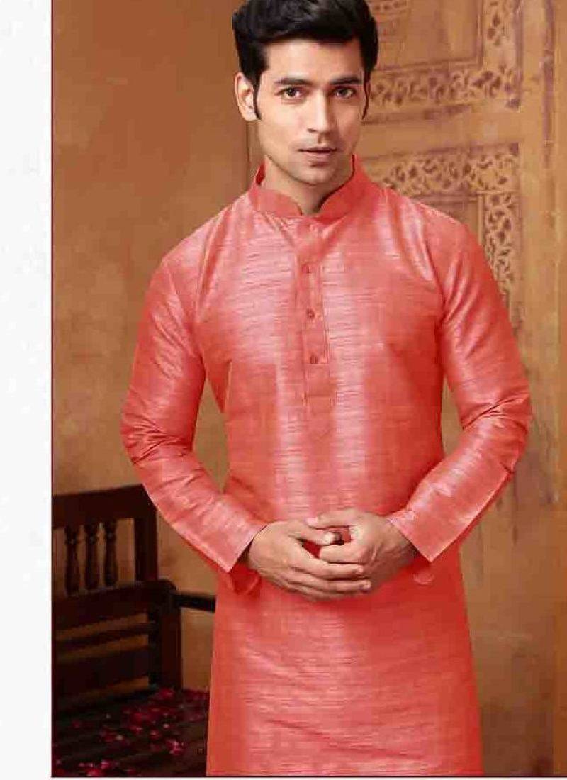 Men's poly  straight peach kurta set