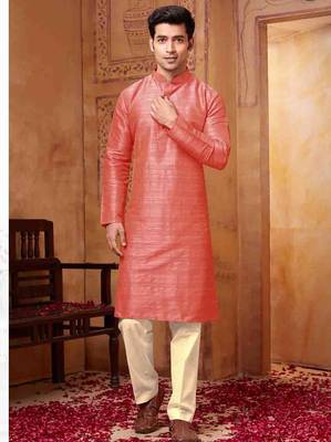 Men's poly straight peach kurta set 2