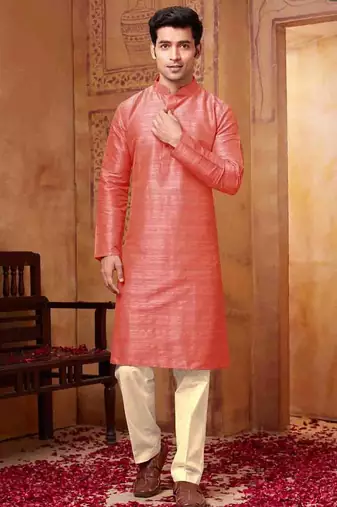 Men's poly  straight peach kurta set