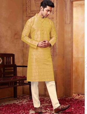 Men's poly straight golden yellow kurta set 1