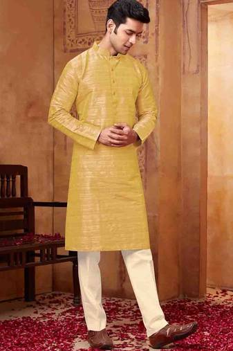 Men's poly  straight golden yellow kurta set