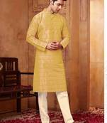 Men's poly  straight golden yellow kurta set