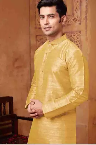 Men's poly  straight golden yellow kurta set