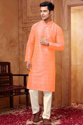 Men's poly  straight orange kurta set
