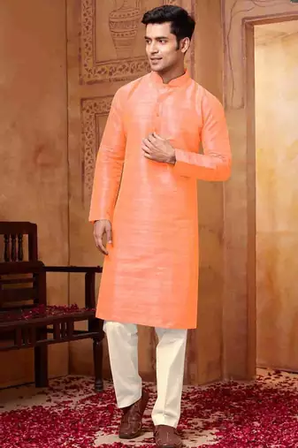Men's poly  straight orange kurta set