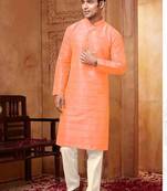 Men's poly  straight orange kurta set