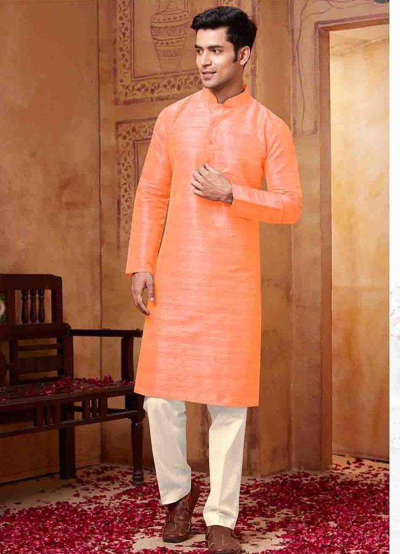 Men's poly  straight orange kurta set