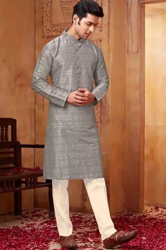 Men's poly  straight grey kurta set