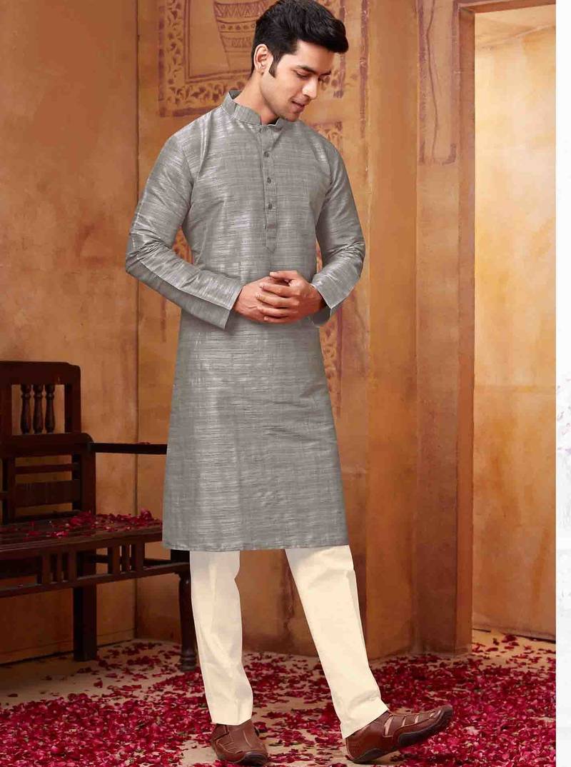 Men's poly  straight grey kurta set