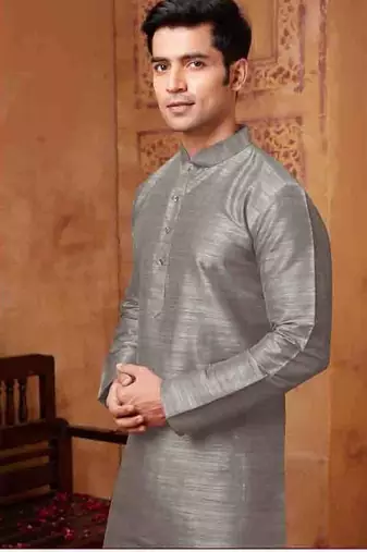 Men's poly  straight grey kurta set