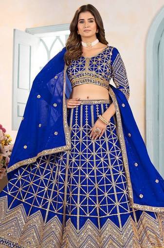 Royal Blue Color Sequins and Codding Embroidery Work Chinon Silk Lahenga Choli Set