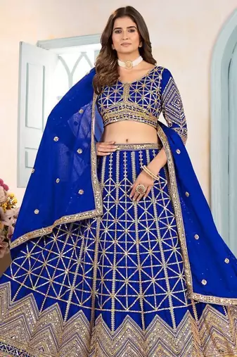Royal Blue Color Sequins and Codding Embroidery Work Chinon Silk Lahenga Choli Set