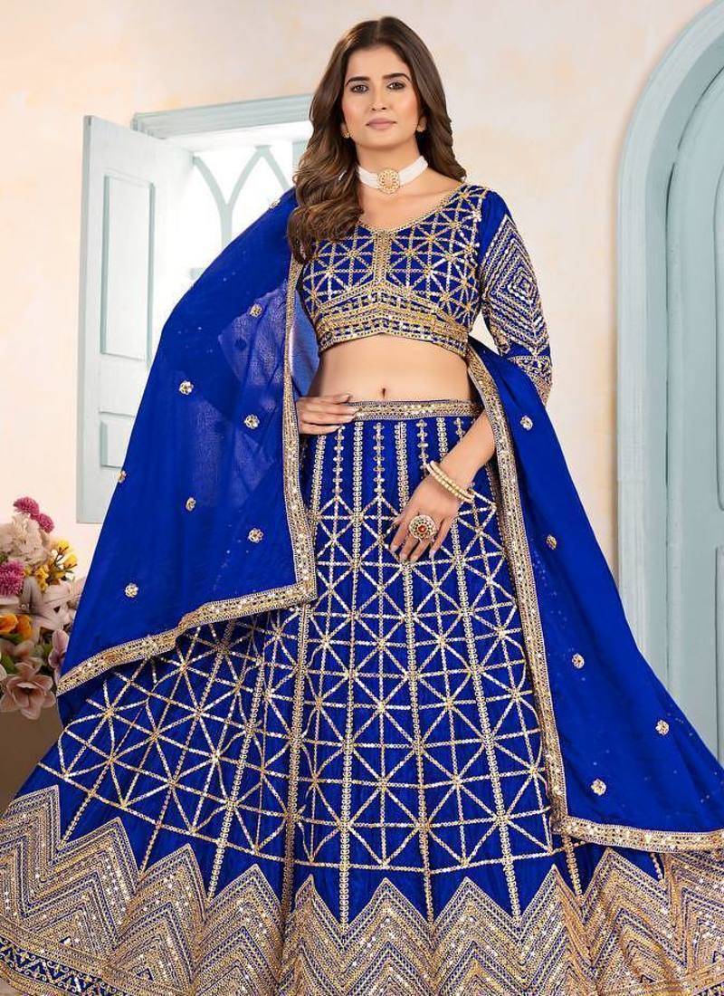 Royal Blue Color Sequins and Codding Embroidery Work Chinon Silk Lahenga Choli Set