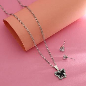 black enamel butterfly rhinestone silver necklace set 1