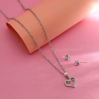 silver rhinestone heart charm necklace set 1